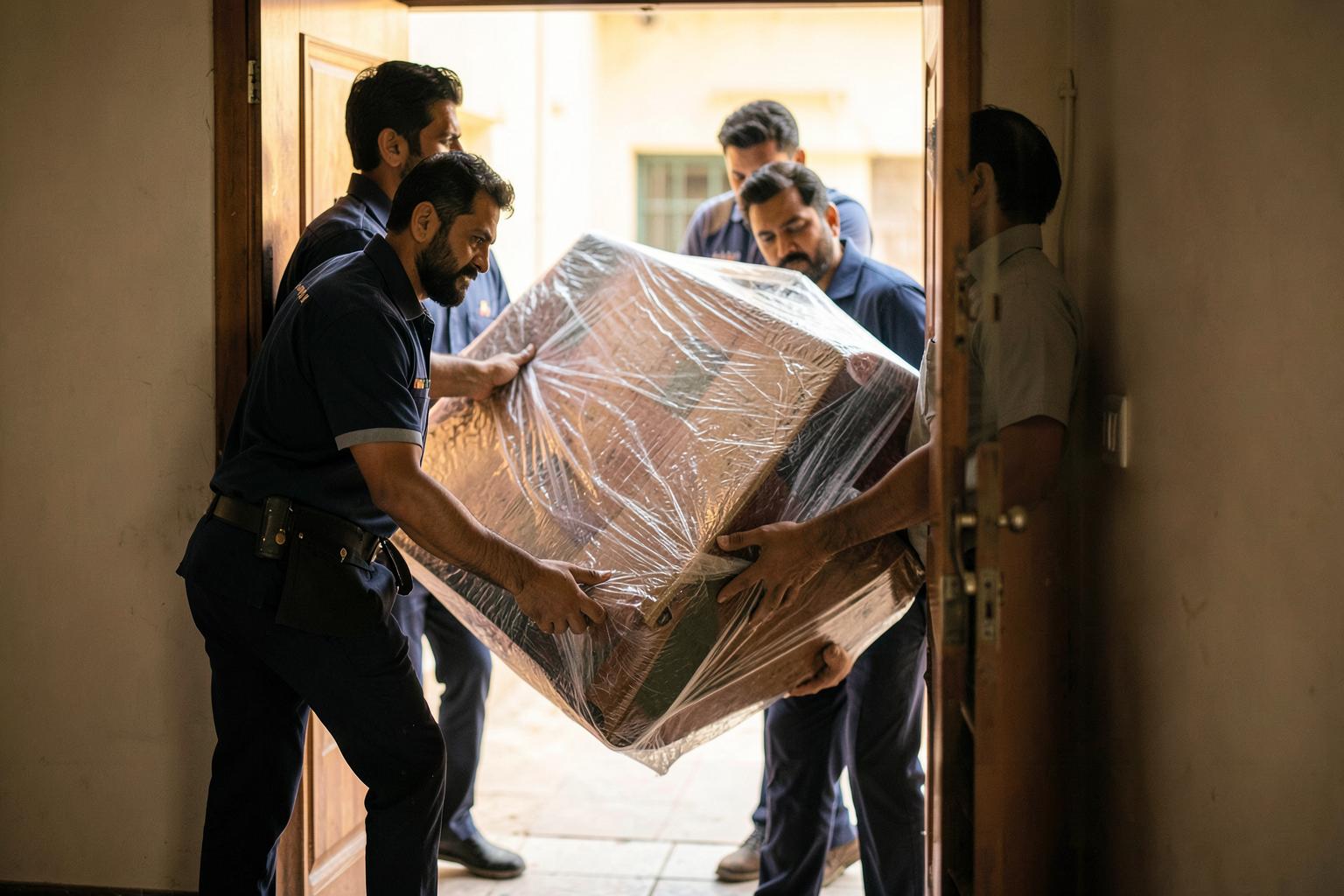 Movers carefully carrying wrapped furniture out of a home